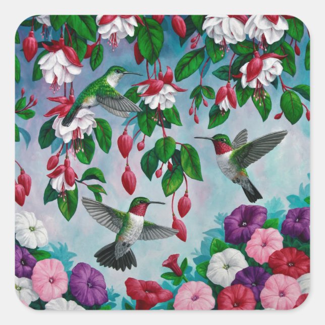 Hummingbirds in Fuchsia Flower Garden Square Sticker (Front)