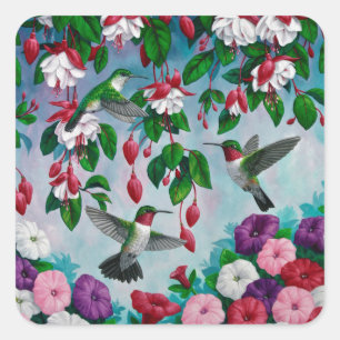 Hummingbirds in Fuchsia Flower Garden Square Sticker