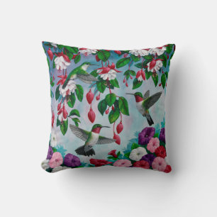 Hummingbirds in Fuchsia Flower Garden Throw Pillow