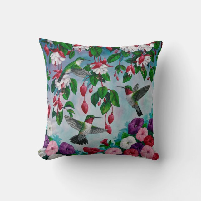 Hummingbirds in Fuchsia Flower Garden Throw Pillow (Front)