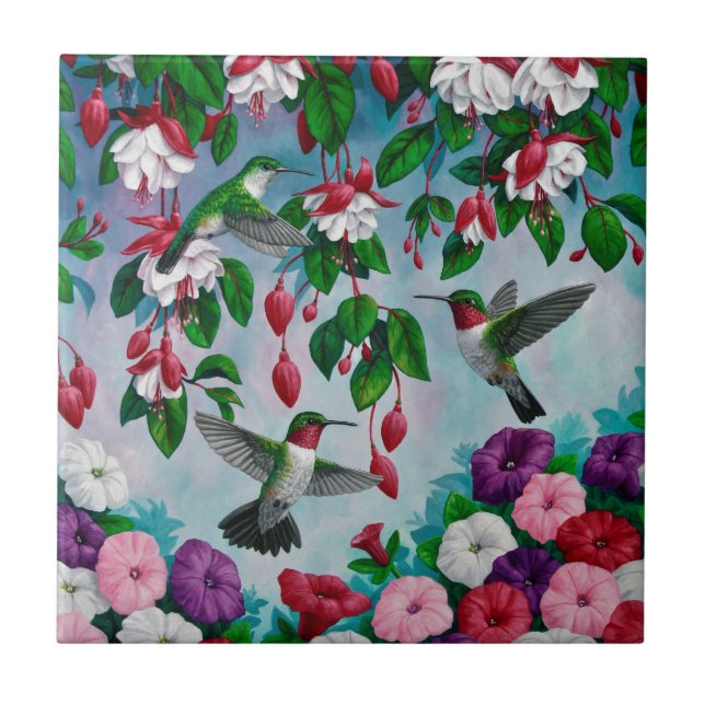 Hummingbirds in Fuchsia Flower Garden Tile (Front)