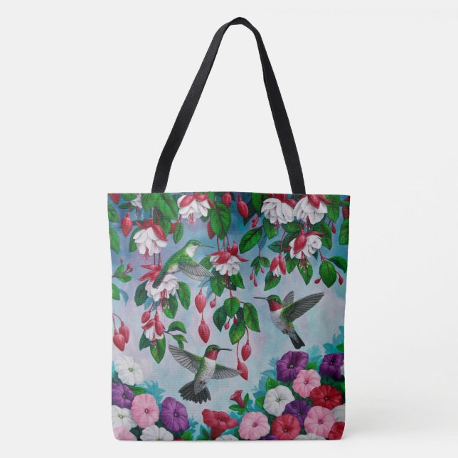 Hummingbirds in Fuchsia Flower Garden Tote Bag (Front)