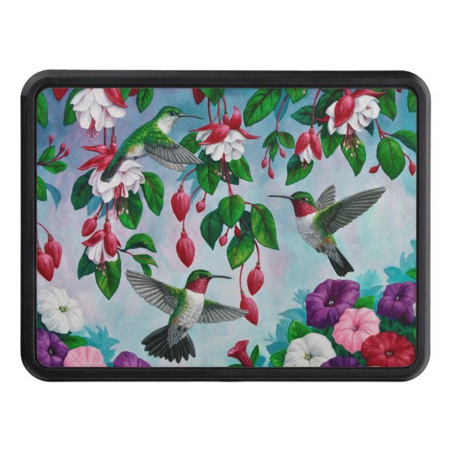 Hummingbirds in Fuchsia Flower Garden Trailer Hitch Cover (Front)