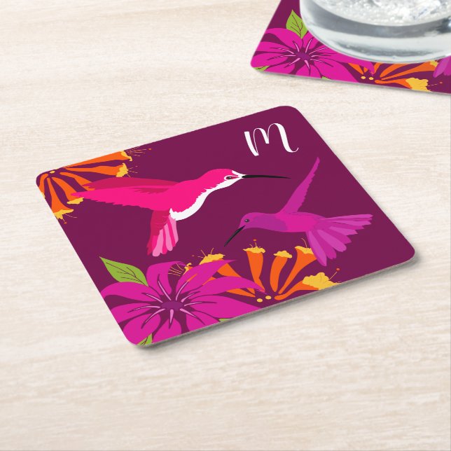 Hummingbirds in Paradise Pretty Monogram Square Paper Coaster (Angled)
