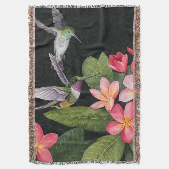 Hummingbirds In the Plumeria Throw Blanket (Front Vertical)