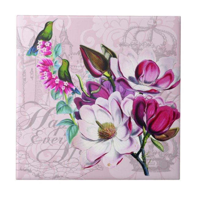 Hummingbirds Magnolias Ceramic Tile (Front)