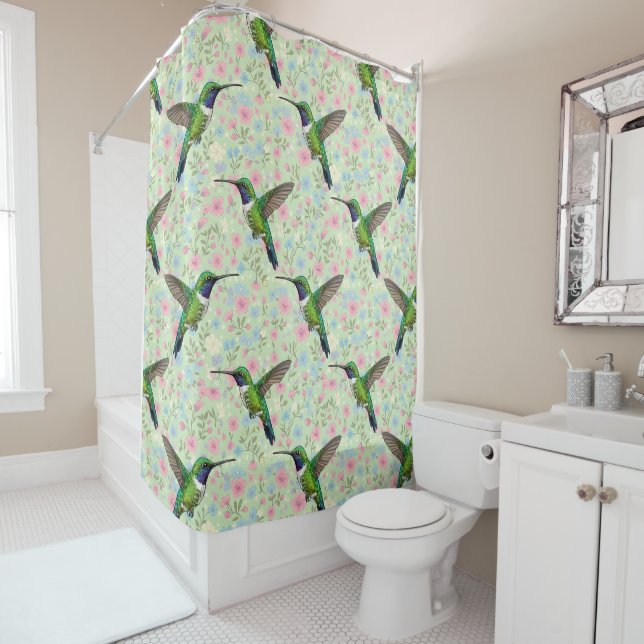 Hummingbirds on a floral background shower curtain (In Situ)