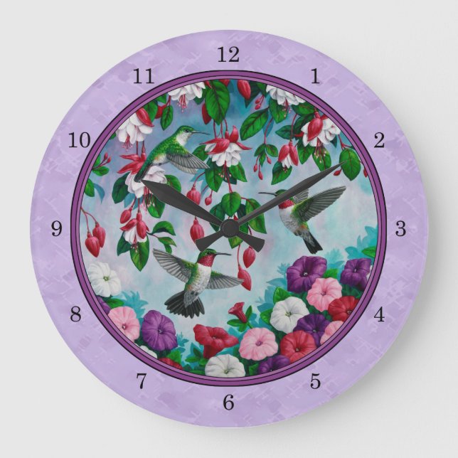 Hummingbirds Pink Fuchsia Flowers Lavender Large Clock (Front)