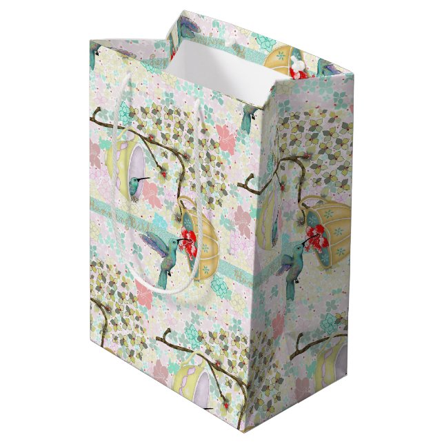 Hummingbirds Teacups Floral Spring Garden Medium Gift Bag (Back Angled)