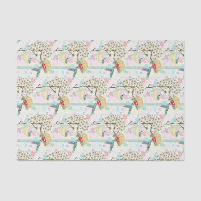 Hummingbirds Teacups Spring Floral Garden Tissue Paper (Front)