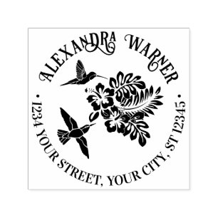 Hummingbirds & Tropical Hibiscuses Name Address  Self-inking Stamp