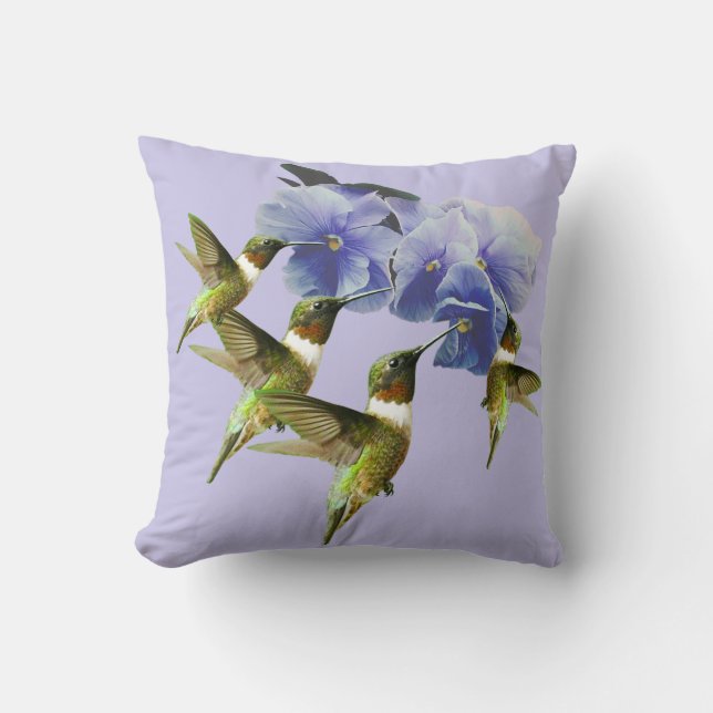 Hummingbirds Violet Flowers Green Garden Throw Pillow (Front)