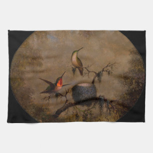 Hummingbirds with their nest victorian painting kitchen towel