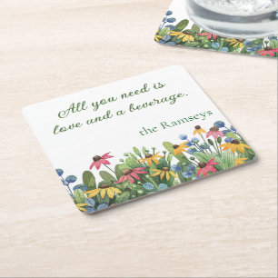 Humor Quote, Watercolor Wildflowers  Square Paper Coaster