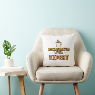 Humorous Procrastinator with Coffee Throw Pillow