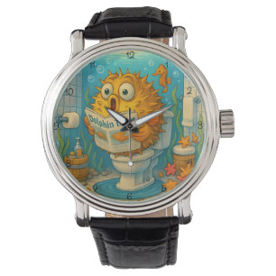 Humorous Pufferfish  Reading in an Aquatic-Themed  Watch