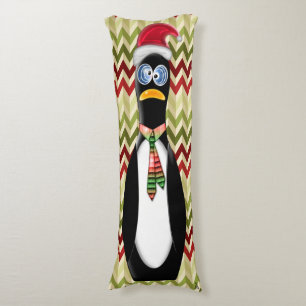 Humorous Santa Penguin on Red and Green Zig Zags Body Pillow