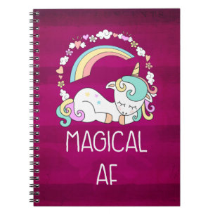 Humorous Unicorn Magical AF on Dark Red Pattern Notebook