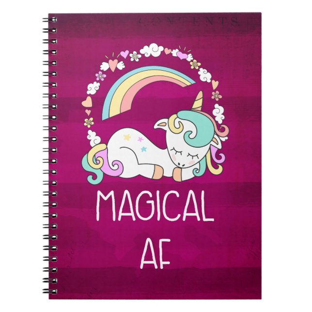 Humorous Unicorn Magical AF on Dark Red Pattern Notebook (Front)