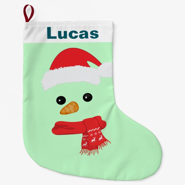 Humour Cute snowman Santa face Holiday party Large Christmas Stocking (Front)