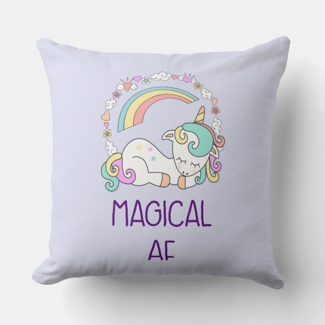 Humour - Magical AF. Unicorn, Rainbow & Cute Stuff Throw Pillow (Front)