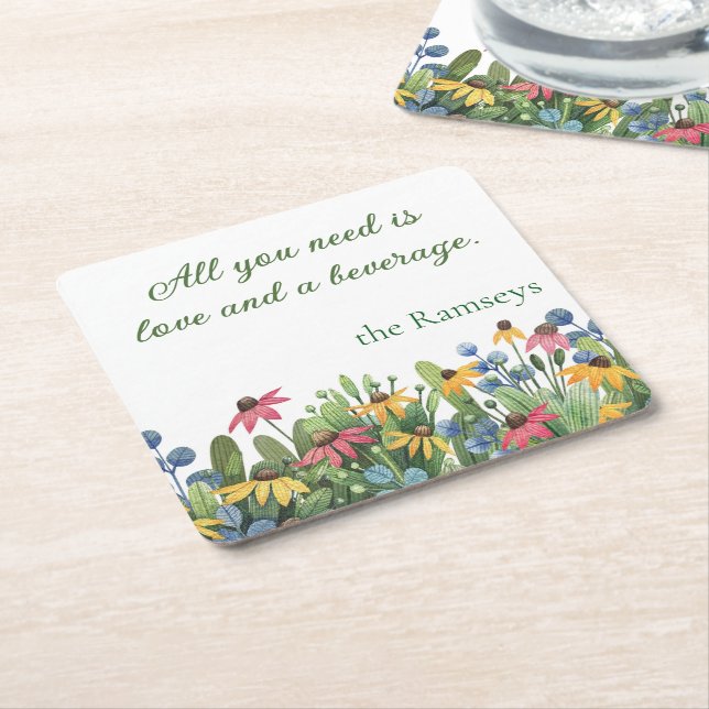 Humour Quote, Watercolor Wildflowers  Square Paper Coaster (Angled)