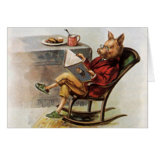Humour vintage, Cochon en Rocking Chaise Lire un l