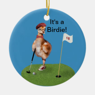 Humourous Bird Playing Golf, Customizable Text Ceramic Ornament