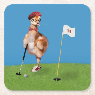 Humourous Bird Playing Golf Square Paper Coaster