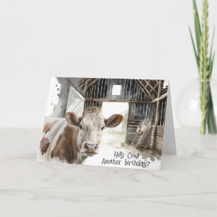 Humourous Birthday Cow In Barn with Rooster Card