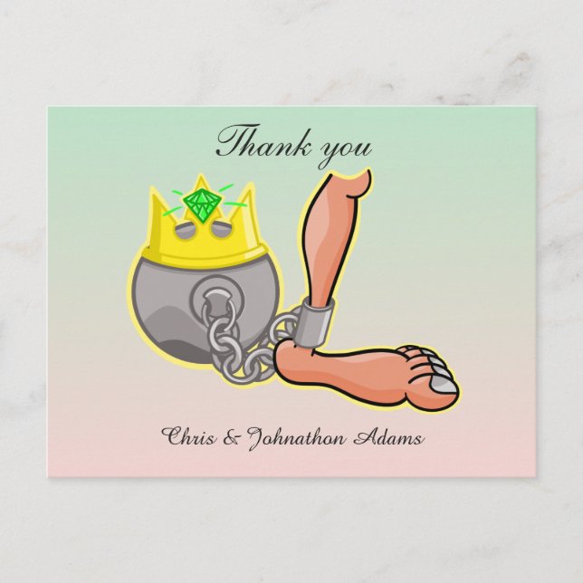 Humourous Cartoon Ball And Chain Wedding  Thank yo Postcard (Front)