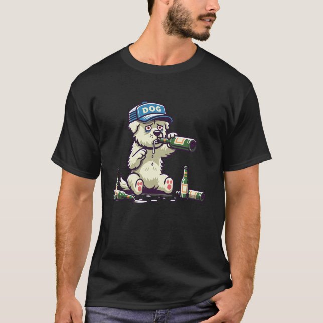 Humourous Cartoon Dog Drinking Beer Design T Shirt (Front)