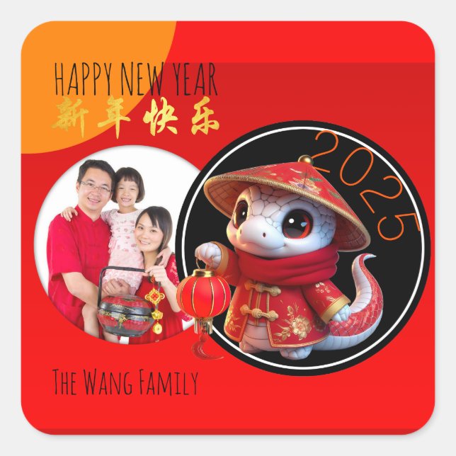 Humourous Chinese cute Snake Year Add Your Photo Square Sticker (Front)