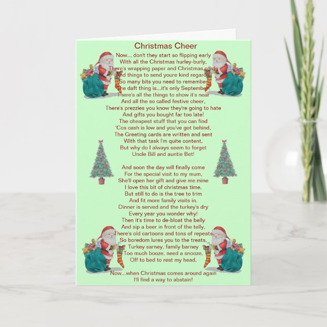 humourous christmas poem santa and xmas tree card (Front)