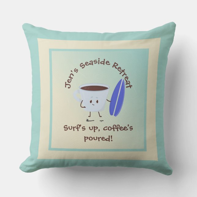 Humourous Coffee Surfer with Surfboard Name Text Outdoor Pillow (Front)
