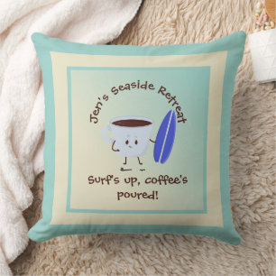 Humourous Coffee Surfer with Surfboard Name Text Throw Pillow