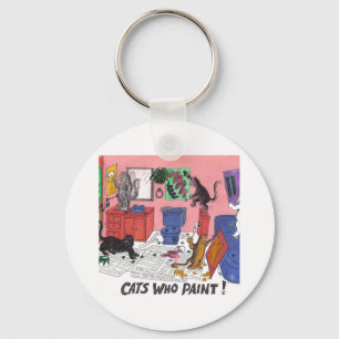 Humourous Colour Drawing of House Cats Who Paint Keychain