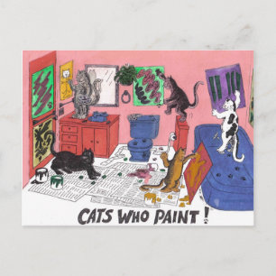 Humourous Colour Drawing of House Cats Who Paint Postcard