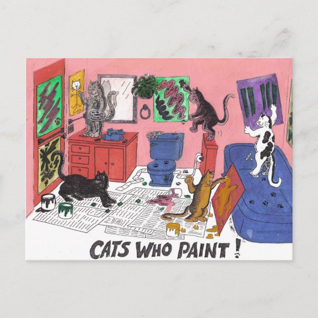Humourous Colour Drawing of House Cats Who Paint Postcard (Front)