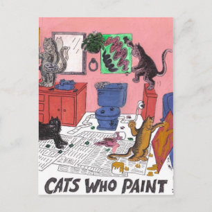 Humourous Colour Drawing of House Cats Who Paint Postcard