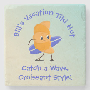 Humourous Croissant Surfer with Surfboard Name Tex Stone Coaster