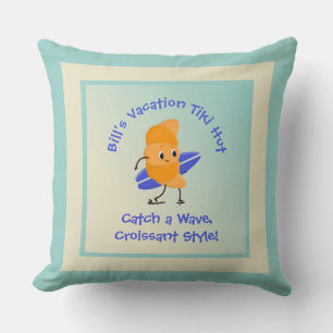 Humourous Croissant Surfer with Surfboard Name Tex Throw Pillow
