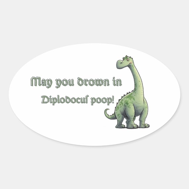Humourous Diplodocus Illustration with Quirky Wish Oval Sticker (Front)
