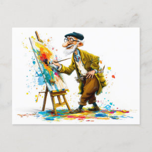 Humourous Elderly Man Reading Illustration Holiday Postcard