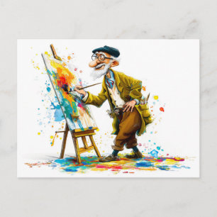 Humourous Elderly Man Reading Illustration Holiday Postcard