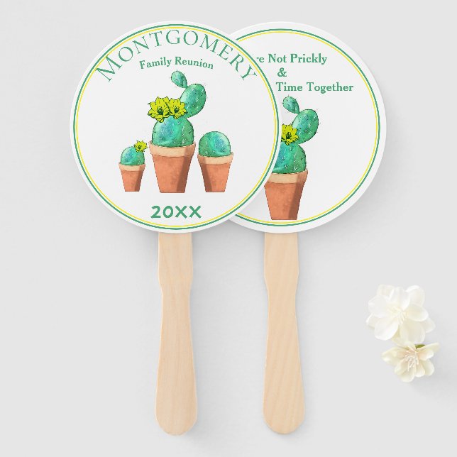 Humourous Family Reunion Yellow Flowering Cactus Hand Fan (Front and Back)