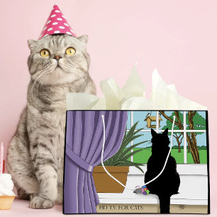 Humourous Green Curious Black Cat Window Large Gift Bag