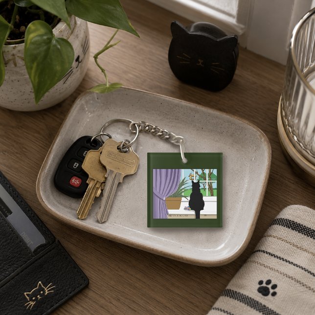 Humourous Green Curious Black Cat Window logo Keychain (Creator Uploaded)