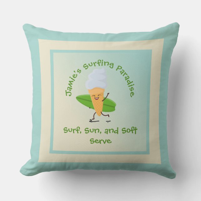 Humourous Ice Cream Surfer with Surfboard Name Tex Outdoor Pillow (Front)