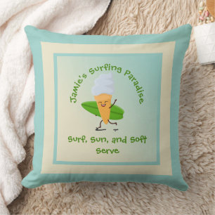 Humourous Ice Cream Surfer with Surfboard Name Tex Throw Pillow